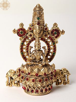 Perumal with Lakshmi Design Brass Sindoor Box with Multicolor Stone Work