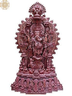 48" Lord Ganesha On Mushak - Pink Serpentine Stone With Inticrate Details