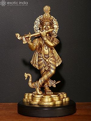 8" Brass Lord Krishna Standing on Wood Base Playing Flute with Peacock