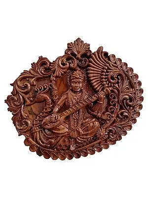 24" Wood Saraswati Statue | Wall Decor Panel