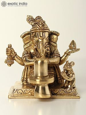3" Small Lord Ganapati Brass Statue Worshipping Shivalinga