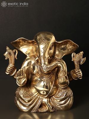 8" Large Ears Chaturbhuja Lord Ganesha Brass Statue