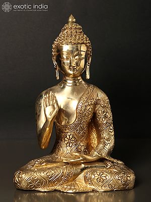 10" Buddha Finely Carved with Floral Robe | Brass Statue