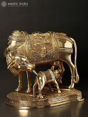 9" Brass Cow and Calf with Auspicious Hindu Symbols
