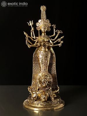 13" Standing Goddess Durga Tribal Brass Statue | Dhokra Art