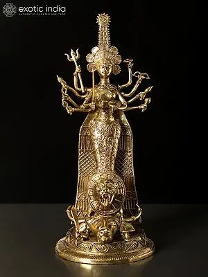 13" Standing Goddess Durga Tribal Brass Statue | Dhokra Art