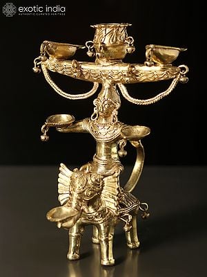 9" Dhokra Art Elephant Design Tribal Lamp in Brass