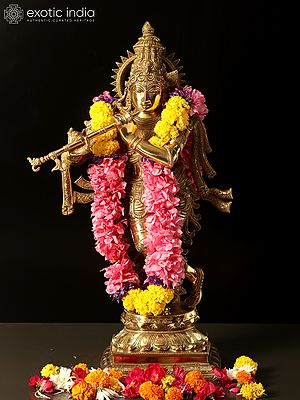 26" Lord Krishna Idol Playing Flute | Brass Statue