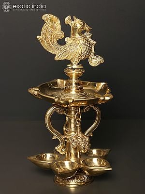 9" Designer Ten Wicks Peacock Lamp In Brass