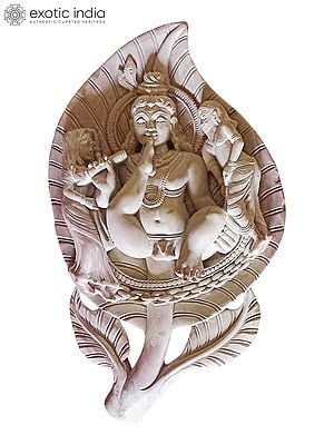 12" Idol Of Bal Gopal In Leaf | Pink Serpentine Stone