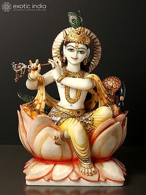 14" Murli Manohara Krishna Marble Statue on a Lotus Throne