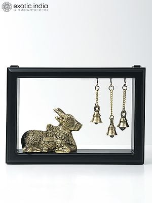 12" Wooden Framed Brass Nandi with Bells | Wall Hanging