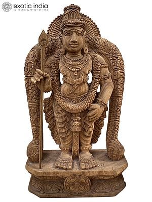 18" Wood Statue Of Lord Kartikeya