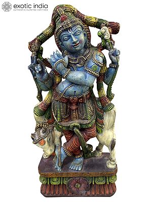 30" Wood Lord Krishna With Cow