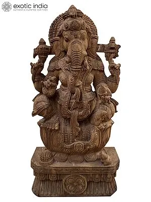25" Wood Lord Ganesha Seated On Lotus