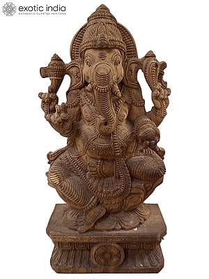 25" Wood Statue Of Chaturbhuja Ganesha