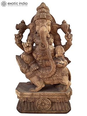 24" Wood Statue Of Lord Ganesha Sitting On Mushaka