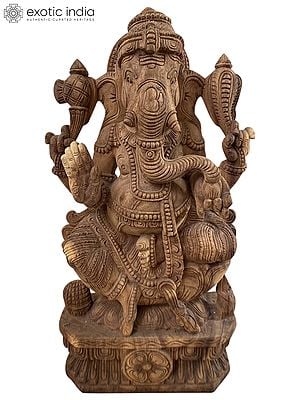 24" Wood Statue Of Blessing Ganesha