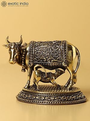Small Brass Fine Kamdhenu Cow with Calf Figurine (Multiple Sizes)