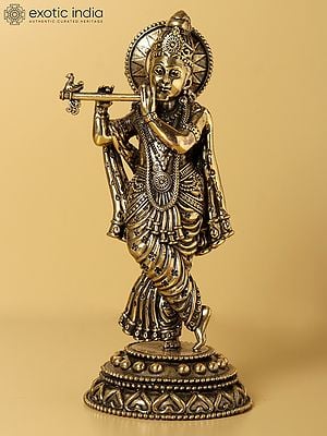 7" Brass Fine Statue of Lord Krishna Playing Flute
