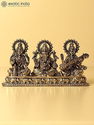 Goddess Lakshmi, Saraswati and Lord Ganesha Small Brass Idol