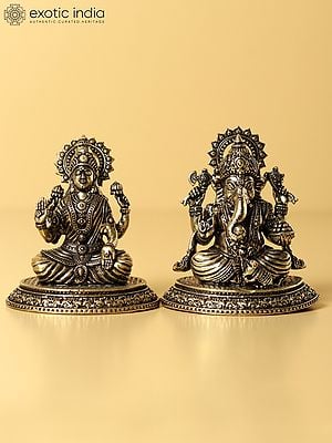 2" Seated Lord Ganesha with Goddess Lakshmi | Small Size Brass Statue