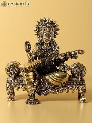 5" Small Brass Goddess Saraswati Seated On Aasana