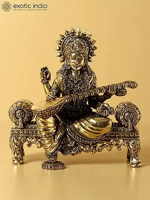 Goddess Saraswati Seated on Aasana | Small Brass Idol