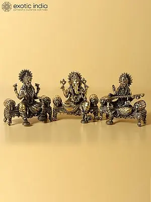 4" Small Seated Lakshmi Ganesha Saraswati | Brass Statue