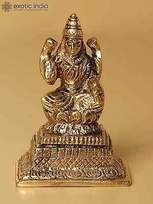 2" Small Goddess Lakshmi Brass Statue Seated on Pedestal