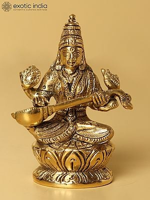 3" Small Brass Goddess Saraswati Idol Seated on Lotus Pedestal