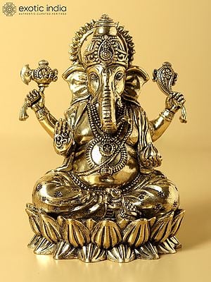 4" Small Fine Quality Brass Chaturbhuja Lord Ganesha Idol Seated on Lotus