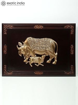 34" Large Wooden Framed Brass Cow and Calf | Wall Hanging
