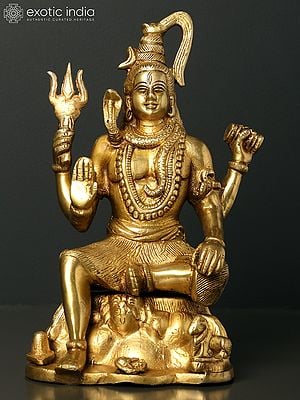 8" Four Armed Sitting Lord Shiva in Blessing Gesture | Brass Statue