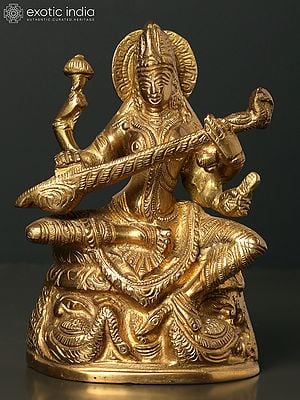 5" Small Sitting Goddess Saraswati | Brass Statue