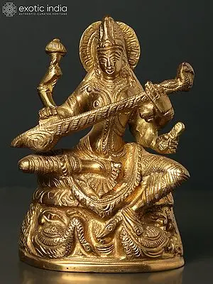 5" Small Sitting Goddess Saraswati | Brass Statue
