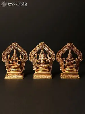 5" Small Set of Lakshmi Ganesha Saraswati Brass Statues