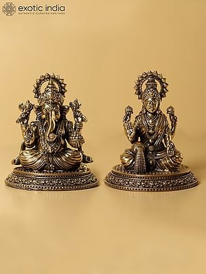 4" Small Brass Superfine Lord Ganapati And Goddess Lakshmi Idol