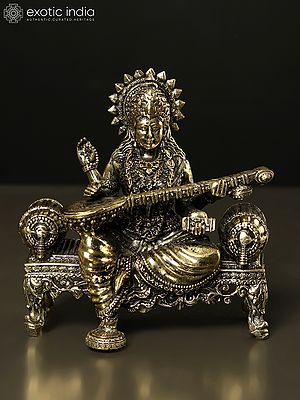 Superfine Goddess Saraswati Idol Seated on Singhasan | Brass Statue