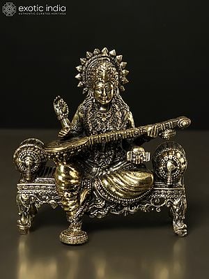Goddess Saraswati Idol Seated on Singhasan | Brass Statue