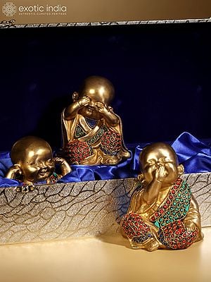 Baby Laughing Buddha (Set of 3) | Brass with Inlay Work | With Gift Box