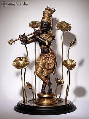 24" Black and Golden Lord Krishna Standing on Flowers Design Pedestal Playing Flute | Brass and Wood