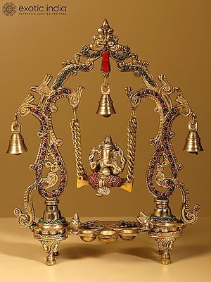 14" Lord Ganesha on Swing with Lamps and Bells | With Gift Box | Brass Statue with Inlay Work