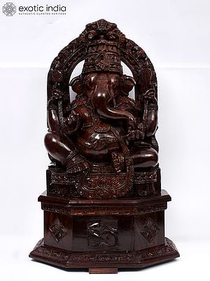 25" Wood Statue Of Vighanharta Ganesha With Beautiful Carving