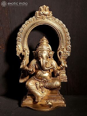 8" Sitting Ganesha on Kirtimukha Throne | Hoysala Art | Bronze Statue