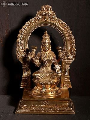 7" Bronze Goddess Lakshmi Idol Seated on Lotus with Kirtimukha Arch | Hoysala Art