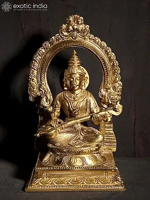 7" Goddess Saraswati Seated on Kirtimukha Throne | Hoysala Art Bronze Statue