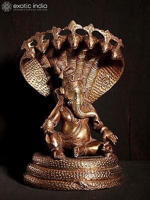 7" Lord Ganesha Seated on Serpent | Hoysala Art | Bronze Statue