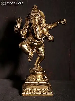 6" Four Hands Dancing Ganesha Bronze Statue – Crafted in Hoysala Art Style
