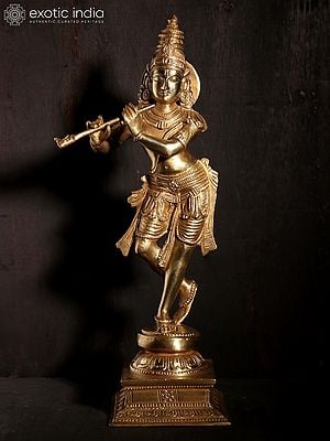 11" Standing Lord Krishna Bronze Statue Playing Flute | Hoysala Art